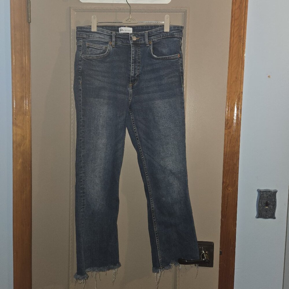 Zara High Waisted Flare Leg Jeans, raw leg hems, Size: US 10 EUR 42